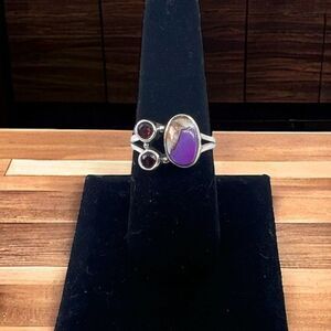 Spiny Oyster Turquoise & Garnet Ring .925 Solid Sterling Silver  - Size 8.5
